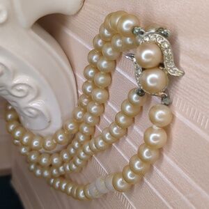 Vintage 60s Faux Pearl Choker Necklace Double Strand Rhinestone Box Closure